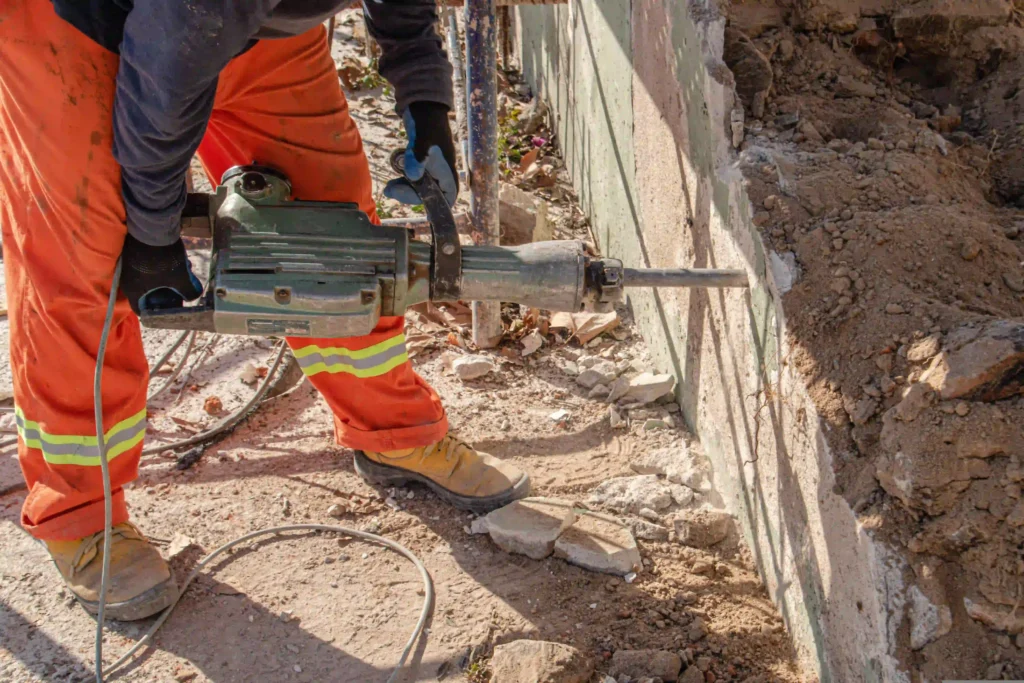 Construction worker in high-visibility overalls operating a jackhammer to break through a concrete wall.