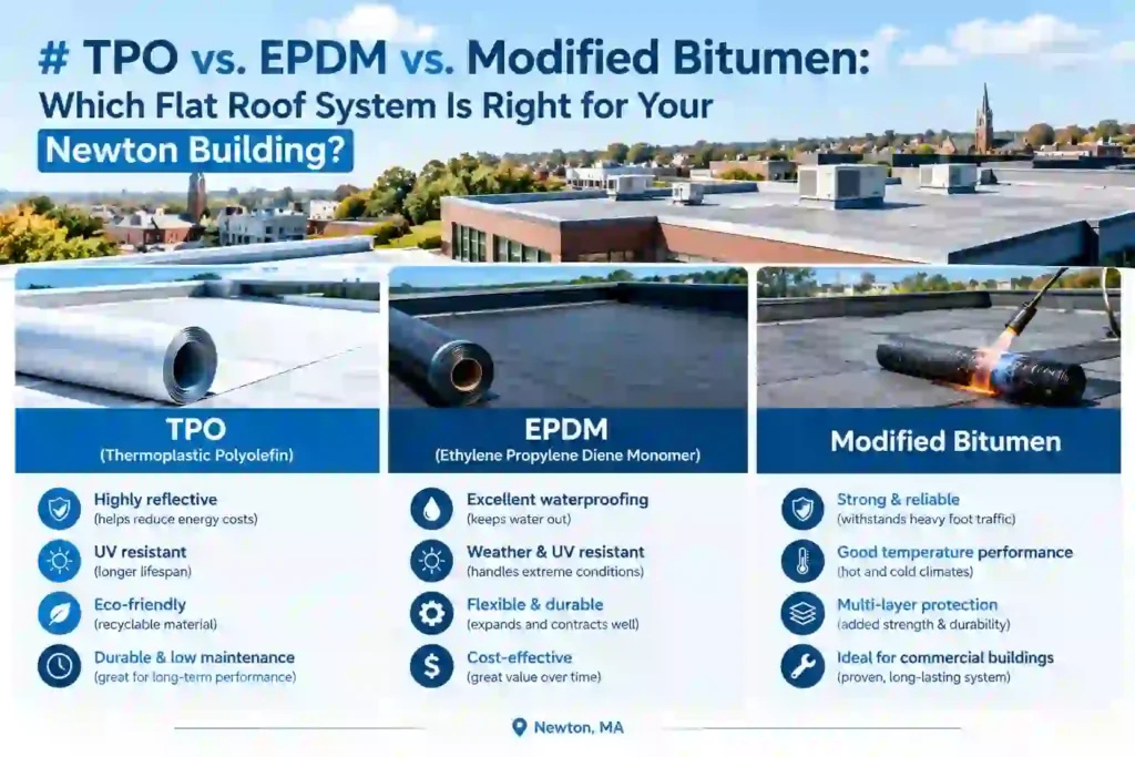 Infographic comparing TPO, EPDM, and Modified Bitumen flat roofing systems for Newton, MA buildings, with material rolls, feature icons for reflectivity, waterproofing, durability, and a commercial rooftop background.