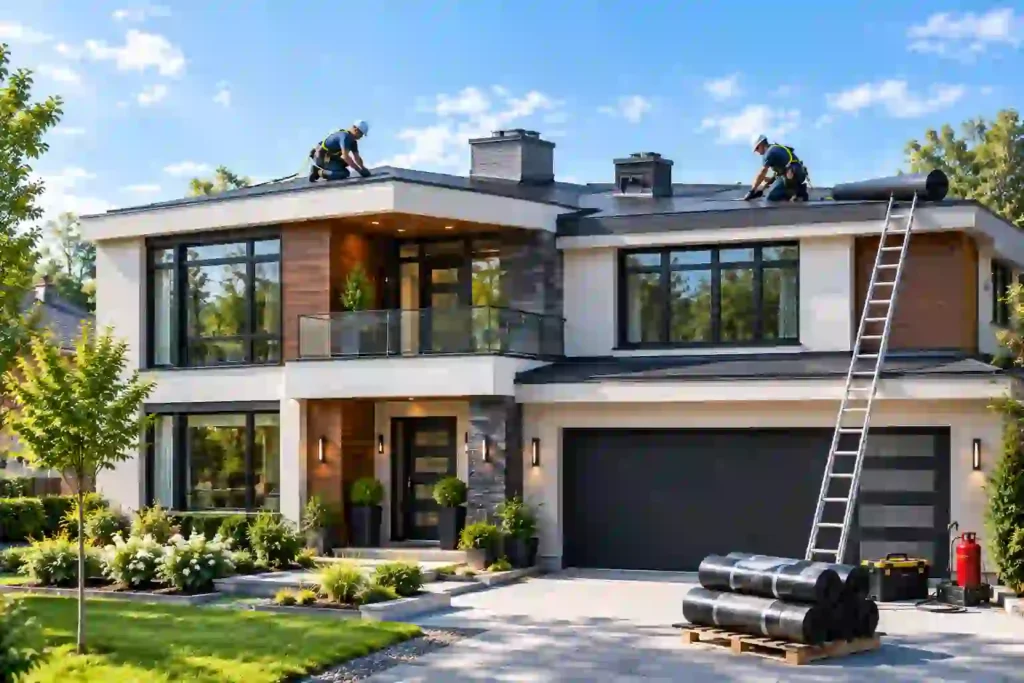 Modern two-story house with a flat roof, where two workers are installing roofing material. A ladder, roofing rolls, and tools are visible outside the house.