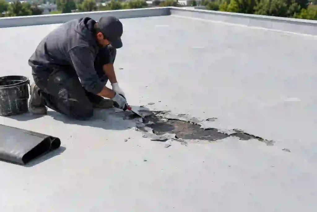 which flat roof system is right for your Newton, Roofing professional repairing a cracked and damaged section of a flat roof using tools and roofing materials.