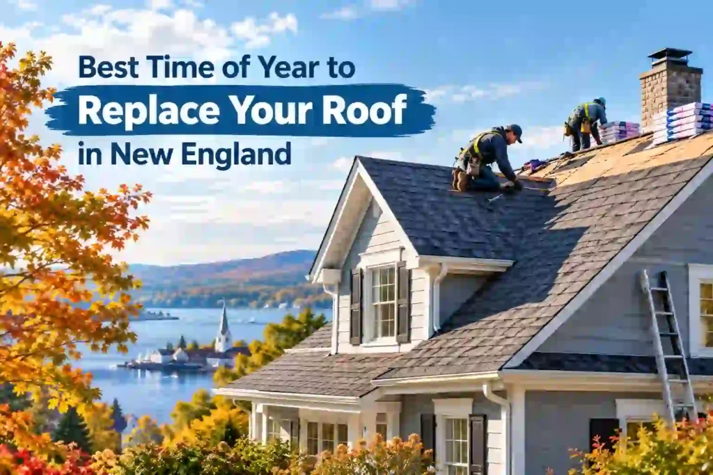 Roofers installing shingles on a New England home during fall, with text reading 'Best Time of Year to Replace Your Roof in New England' and an autumn lake-town view in the background.