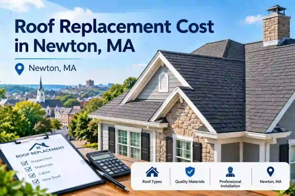 Graphic titled 'Roof Replacement Cost in Newton, MA' showing a shingled New England-style home with a roof replacement checklist, calculator, and icons for roof types, materials, and professional installation.