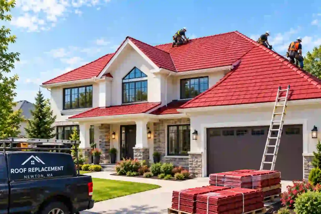 Roofing crew installing new red tile roofing on a large white home, with a 'Roof Replacement Newton, MA' branded truck and material stacks in the driveway.