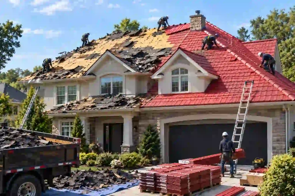 Roof Replacement Cost Newton MA, Roofing crew installing new red tile roofing on a large suburban home while removing old shingles, with a debris truck and material stacks in the driveway.