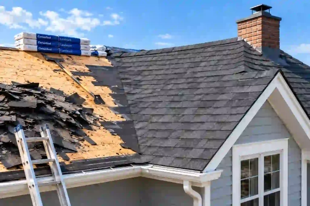Roof tear-off in progress showing exposed wood decking, a stack of CertainTeed shingle bundles, and a ladder against a house with a brick chimney.