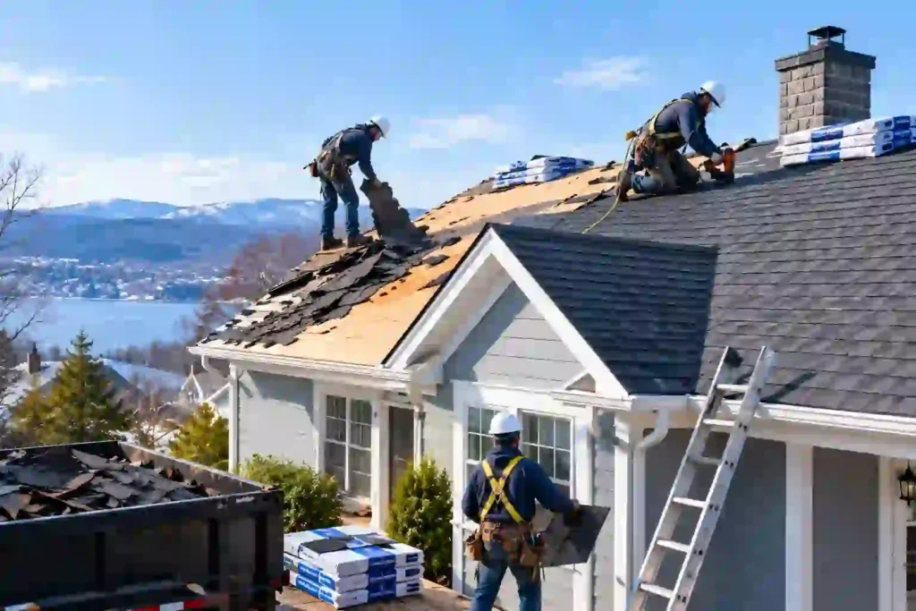 When Replace Your Roof in New England, Roofing crew in safety harnesses replacing asphalt shingles on a gray New England-style home, with shingle bundles and a ladder against the house.