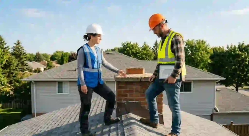 Two safety inspectors conducting a residential roof and chimney evaluation on a sunny day while referencing digital blueprints on a tablet.