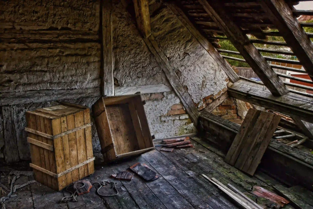 Interior of a rundown attic with exposed roof rafters, old wooden crates, and broken roof tiles on the floor.